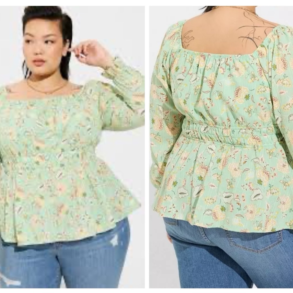 NWT Torrid Clip Dot  Cotton Viole Blouson Sl. Sq. Neck Smocked Top Size 1X 14-16